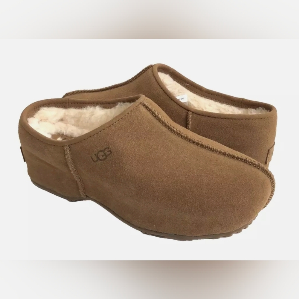 UGG Brown Shearling-Lined Slip-On Clog Slippers